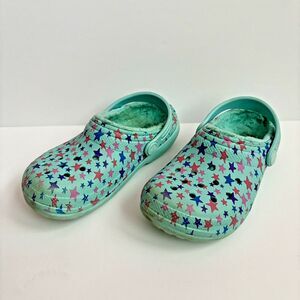 Crocs Lined Blue Stars Clogs Shoes Sandals Girls size C 12 Cozy Warm Slip On